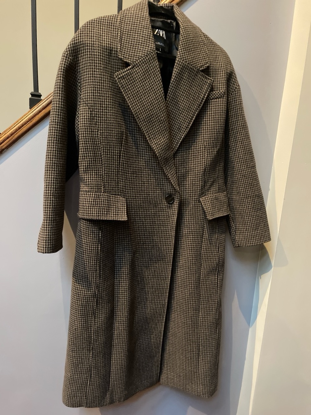 Zara Brown Houndstooth Single-Button Trench Coat